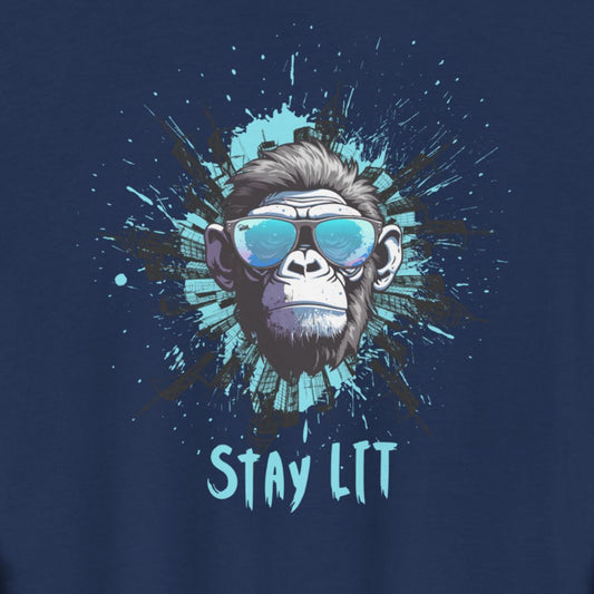 Navy blue t-shirt with a monkey wearing sunglasses and 'Stay Lit' text on a dark background