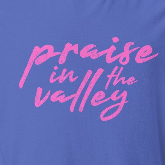 Blue t-shirt with pink text 'praise in the valley' on a blue background