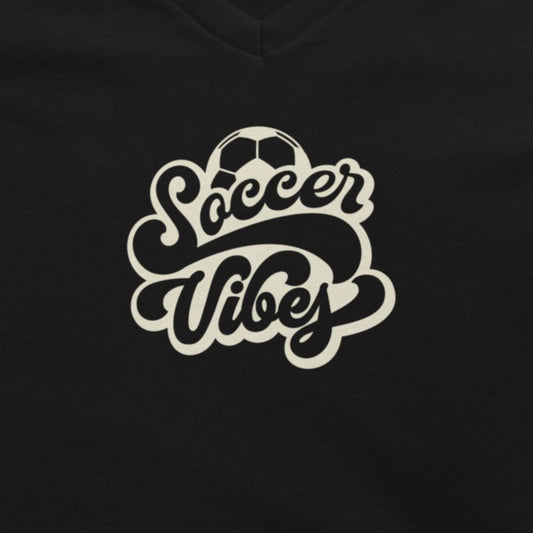 Black t-shirt with 'Soccer Vibes' text and soccer ball design on a black background