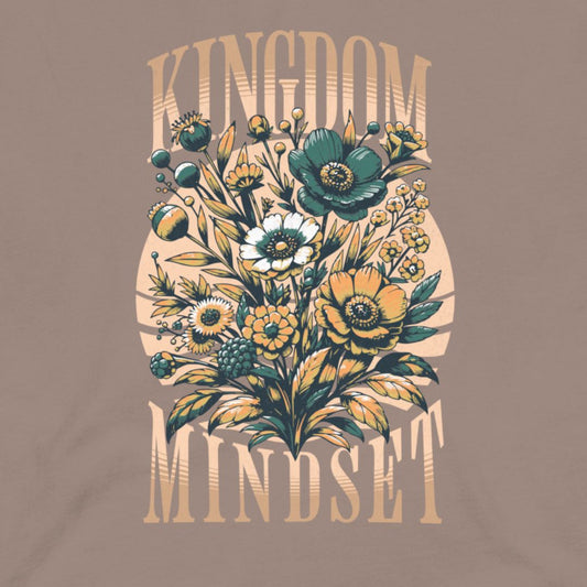 Floral design with 'Kingdom Mindset' text on a brown background