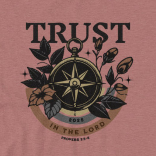 Pink t-shirt with a compass design and 'Trust in the Lord' text on a pink background