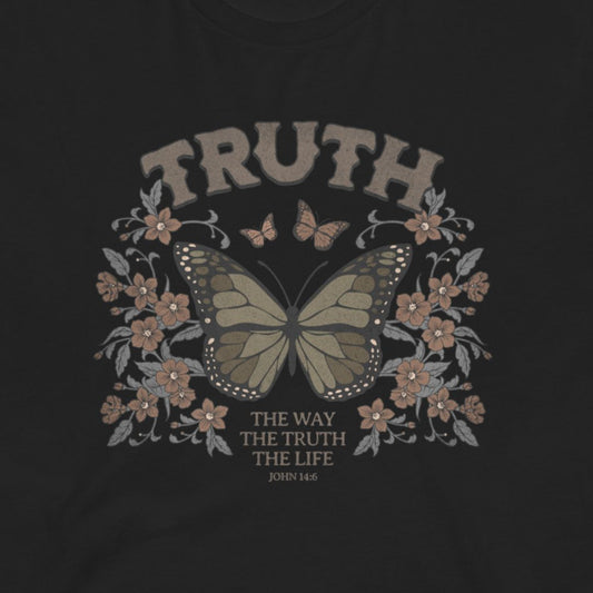 Black t-shirt with butterfly design and text on a dark background. Christian t-shirt for women.