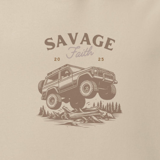 Savage Faith logo with off-road vehicle and trees on a beige background