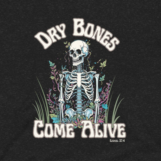 Skeletal design surrounded by neon colored vines and leaves with 'Dry Bones Come Alive' text on a black background