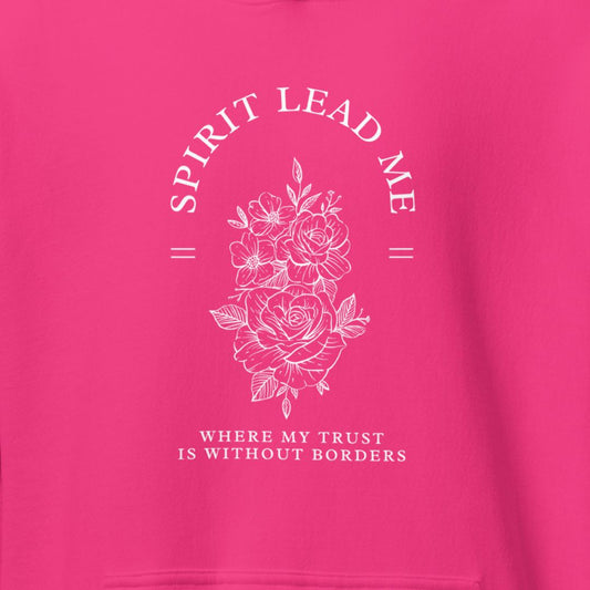 Pink sweatshirt with white floral design and Spirit Lead Me text