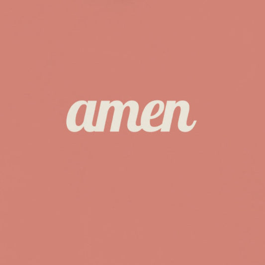 The word 'amen' in white text on a dust rose colored hoodie, up close view
