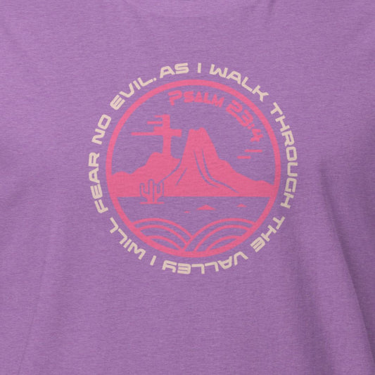Purple t-shirt with pink graphic and text on a purple background
