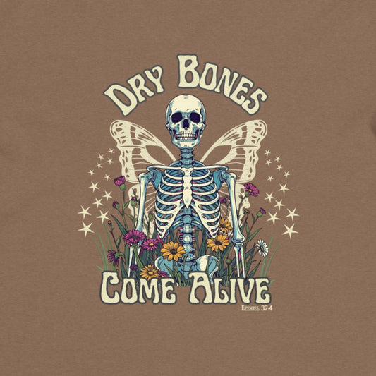 Skeletal design with flowers and text 'Dry Bones Come Alive' on a brown background. Christian messaging.