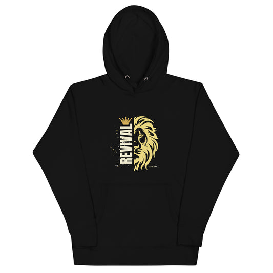 Revival Text next to a lion head, all with a crown. Black hoodie.
