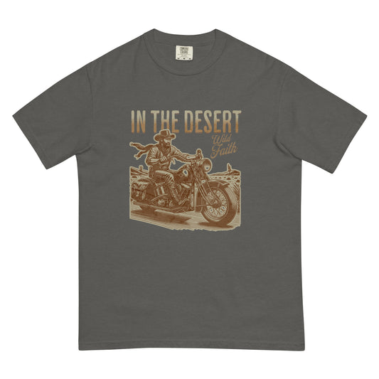 Pepper colored T-shirt with a cowboy on a motorcycle and text 'In the Desert Wild Faith'.