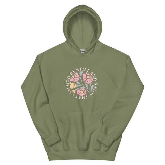 Military green hoodie with floral design and text 'Be Still and Know That I Am God'
