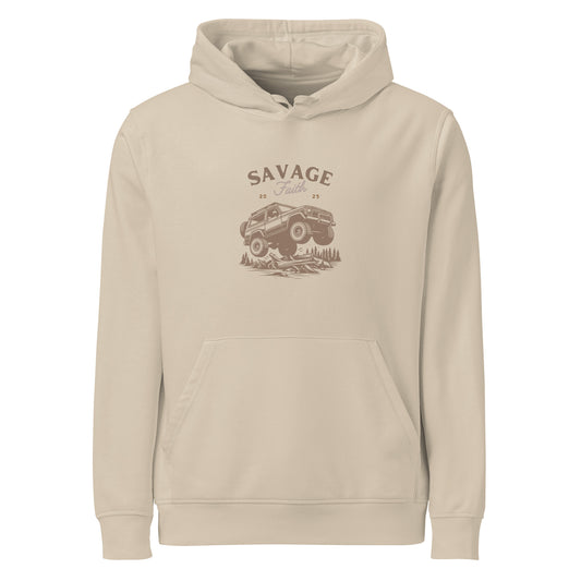 Desert dust colored Savage Faith mid weight hoodie with off-road vehicle and trees. Christian apparel.