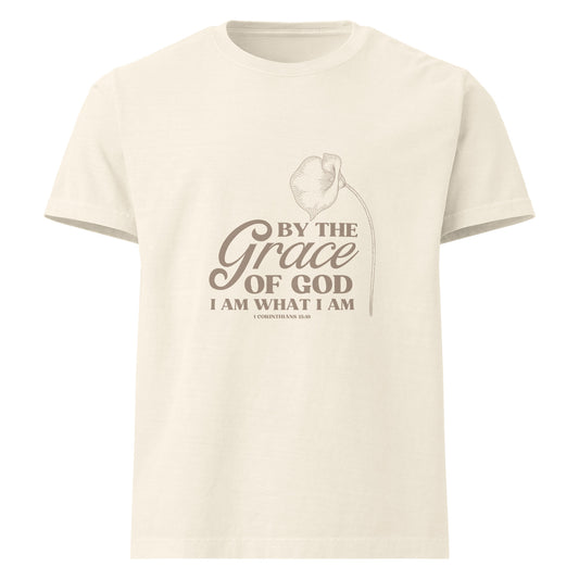 Vintage white colored Grace of God tee with lily and 1 Corinthians 15:10. Faith message on Christian shirt.