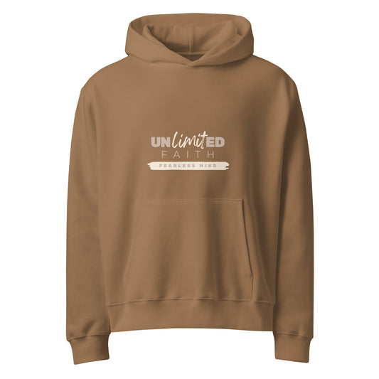 Vintage brown colored hoodie with 'UNLIMITED FAITH FEARLESS MIND' text