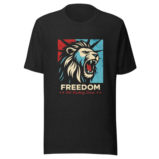 Freedom * Not Backing Down text with red, white and blue image of a Lion. Reminiscent of Charlie Kirk.