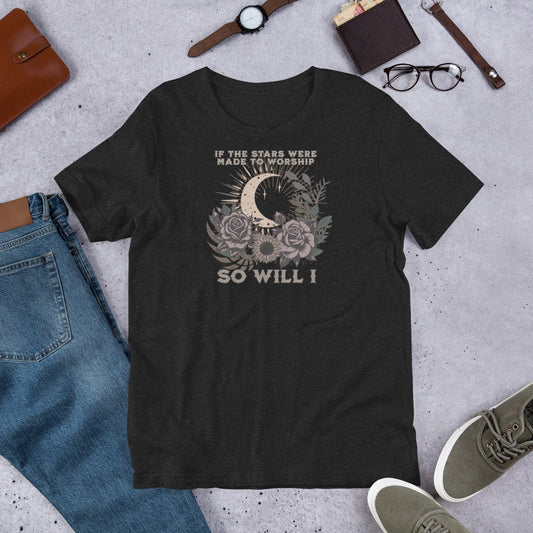 Black Heather T-shirt with moon, stars, and flowers design, with religious message.