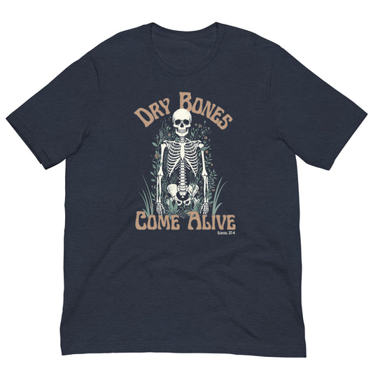 Navy colored Dry Bones Flora T-Shirt with a skeleton and flora design inspired by Ezekiel’s vision. Soft, breathable cotton with a flattering fit