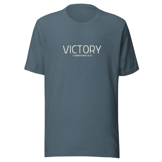 Unisex Christian t-shirt with "Victory – 1 Corinthians 15:57" design, product mockup; soft cotton, lightweight fit, faith-inspired apparel for everyday wear.