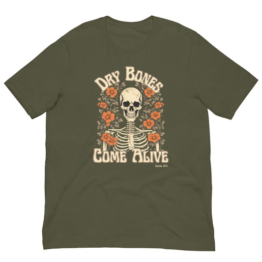 Dry Bones Floral Tee features a skeleton's shoulders and head surrounded by red/orange flowers. Ezekiel 37:4