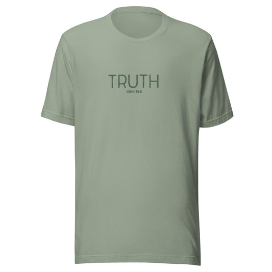 Sage green “Truth – John 14:6” Christian t-shirt laid flat; minimalist design with “The Way, The Truth, The Life” message, soft cotton fabric, faith-inspired style.