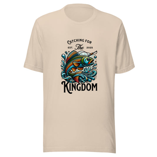 Cream colored T-shirt with a colorful fish graphic and Catching for the Kingdom text