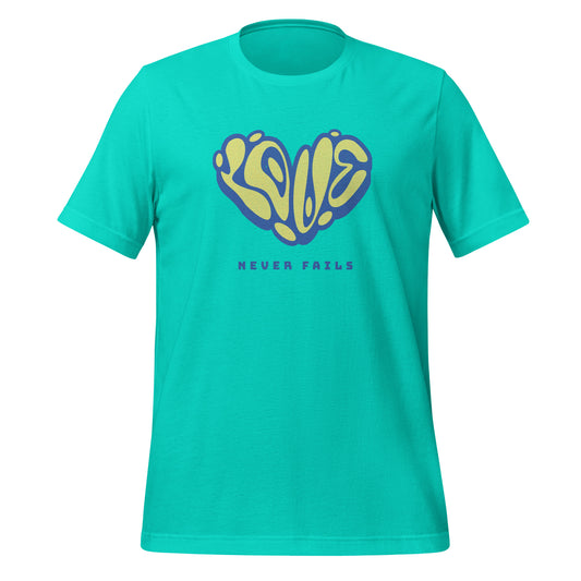 Teal Bella + Canvas 3001 t-shirt with heart-shaped ‘Love Never Fails’ graphic in yellow and blue.