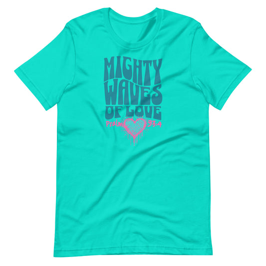 Christian Mighty Waves T-Shirt with Psalm 93:4 design printed on a Teal Bella + Canvas 3001, featuring ocean wave artwork and inspirational scripture.