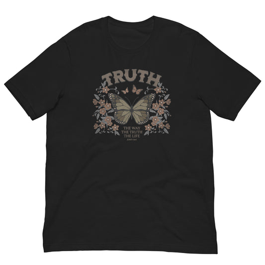 Lay flat t-shirt mockup that says TRUTH with floral patterns and a large butterfly. Subtext of John 14:6