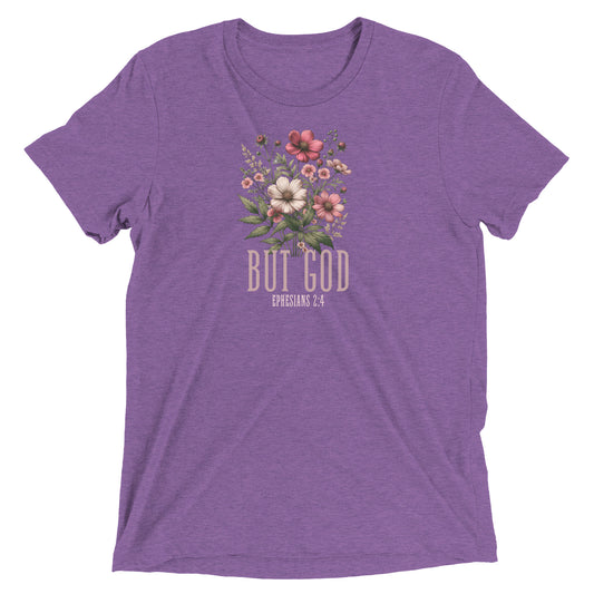 Purple t-shirt with floral design and text on a white background