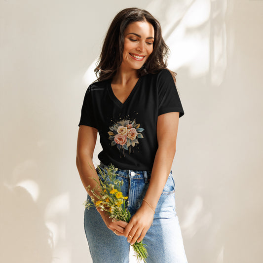 Model wearing a floral design on her shirt, holding flowers.
