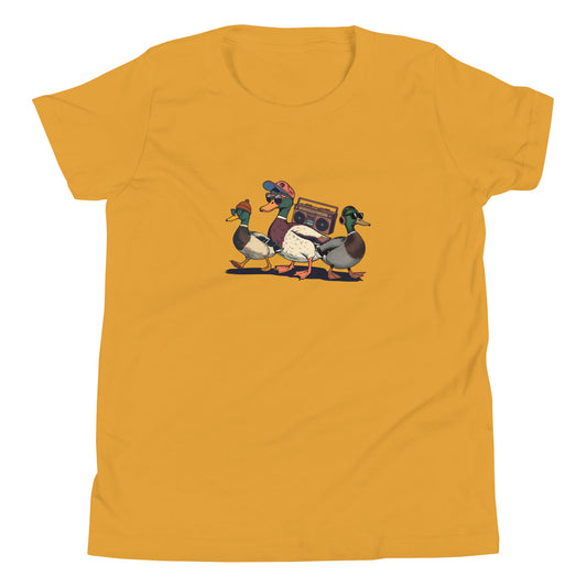 Three cartoon ducks with accessories on a mustard background