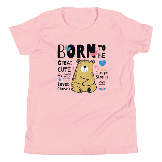 T-shirt with a bear graphic and motivational text on a pink background