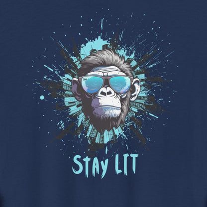 Navy blue t-shirt with a monkey wearing sunglasses and 'Stay Lit' text on a dark background