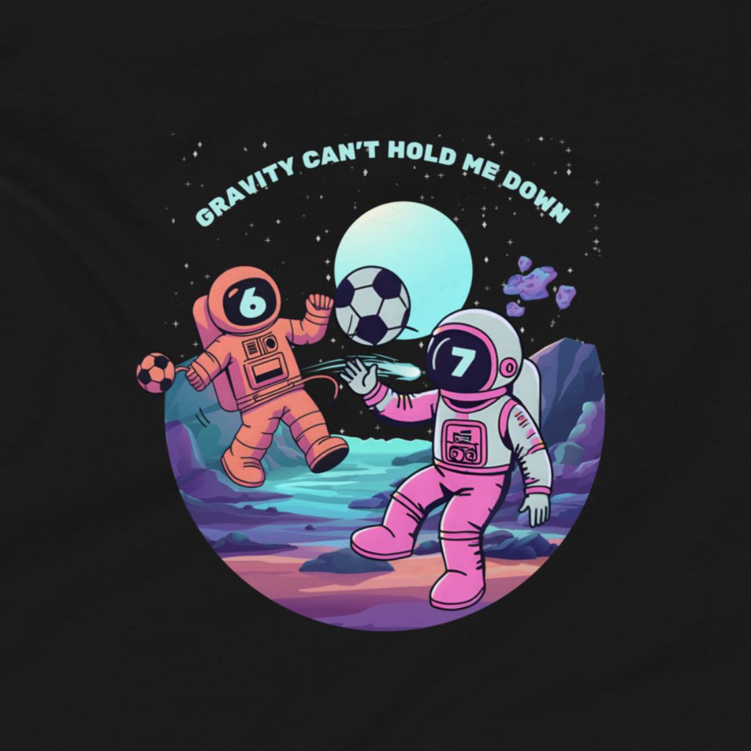 Illustration of two astronauts playing soccer with 'Gravity Can't Hold Me Down' text on a dark background