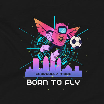 Illustration of a spaceman with wings holding a soccer ball, with 'Born to Fly' text on a black background.
