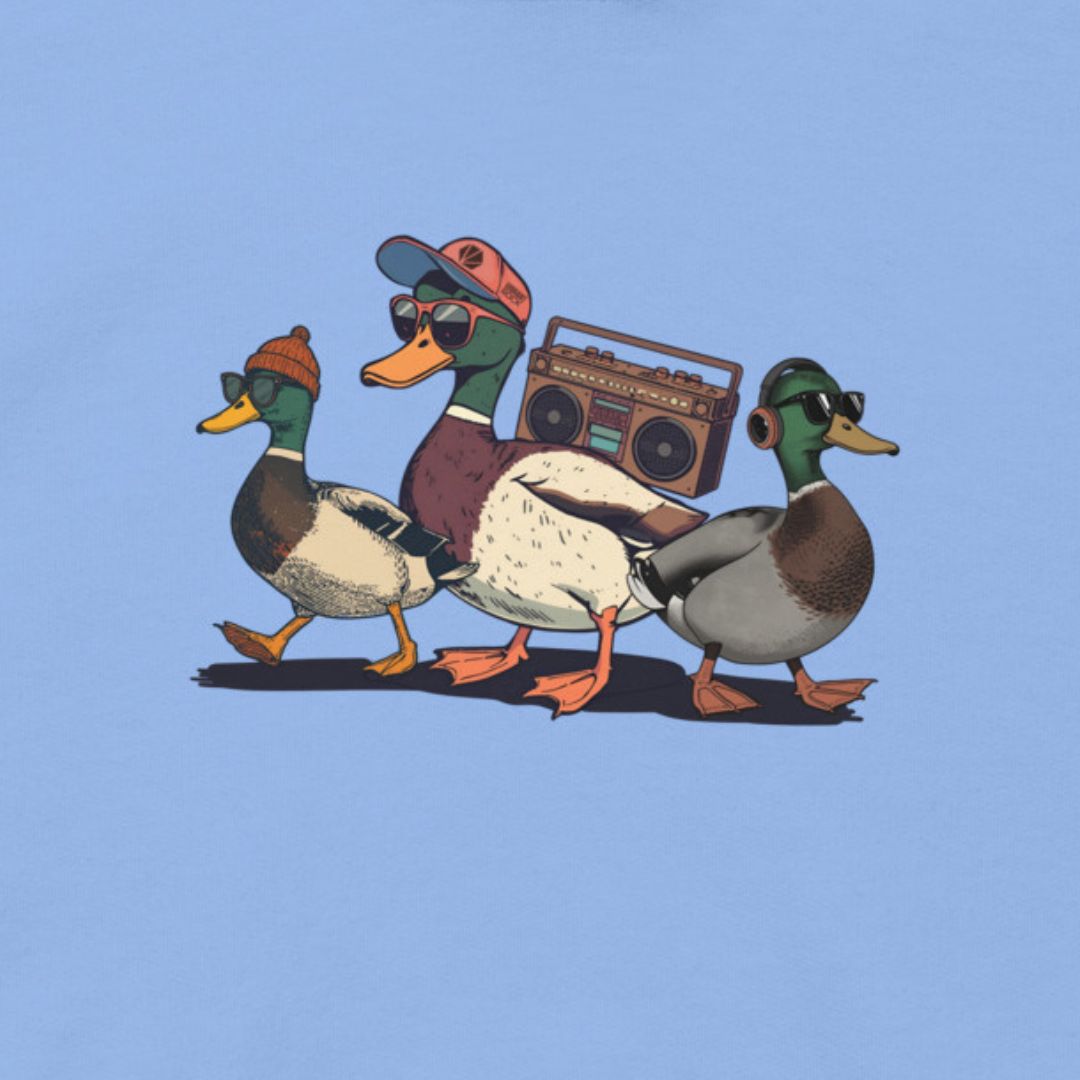 Three cartoon ducks with accessories on a blue background