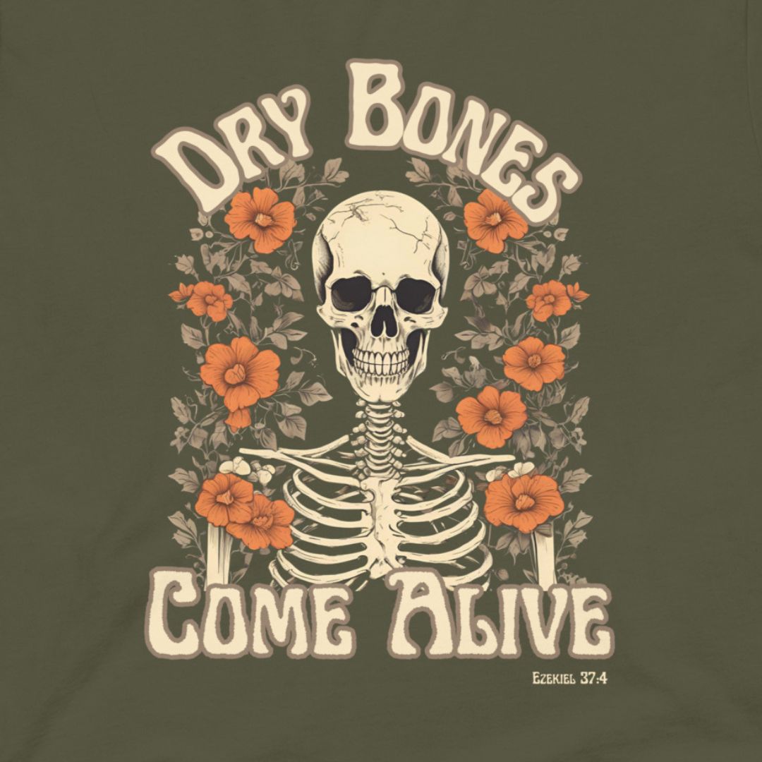 Dry Bones Floral Tee with a skeleton and flowers design on a dark green background