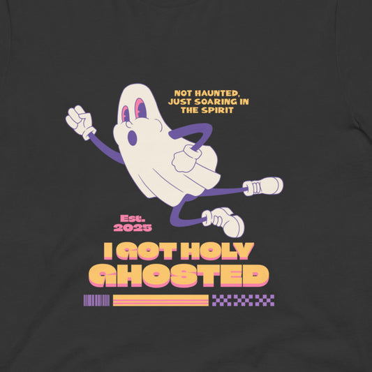 Black t-shirt with a cartoon ghost design and text on a dark background
