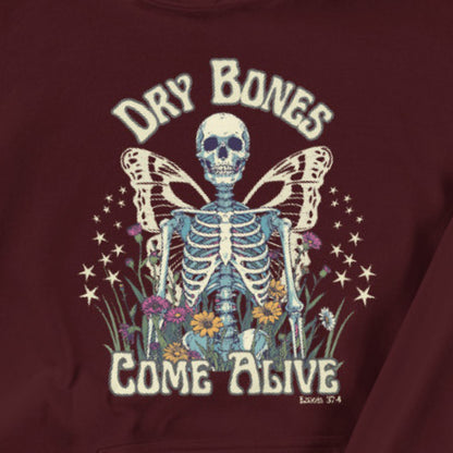 Maroon sweatshirt with a skeleton and butterfly design and text 'Dry Bones Come Alive' on a maroon background.