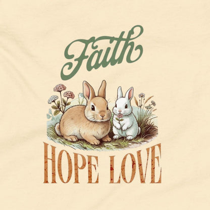 Two rabbits sitting together with 'Faith', 'Hope', and 'Love' text on a beige background