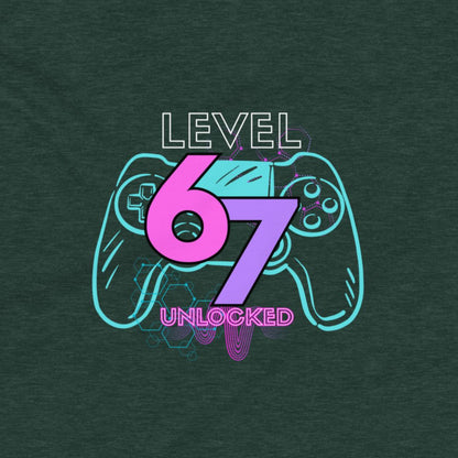 Gaming controller with 'Level 67 Unlocked' text on a dark green background