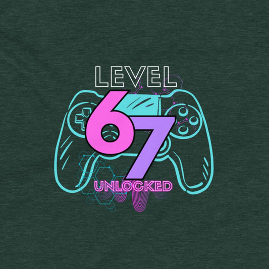 Gaming controller with 'Level 67 Unlocked' text on a dark green background