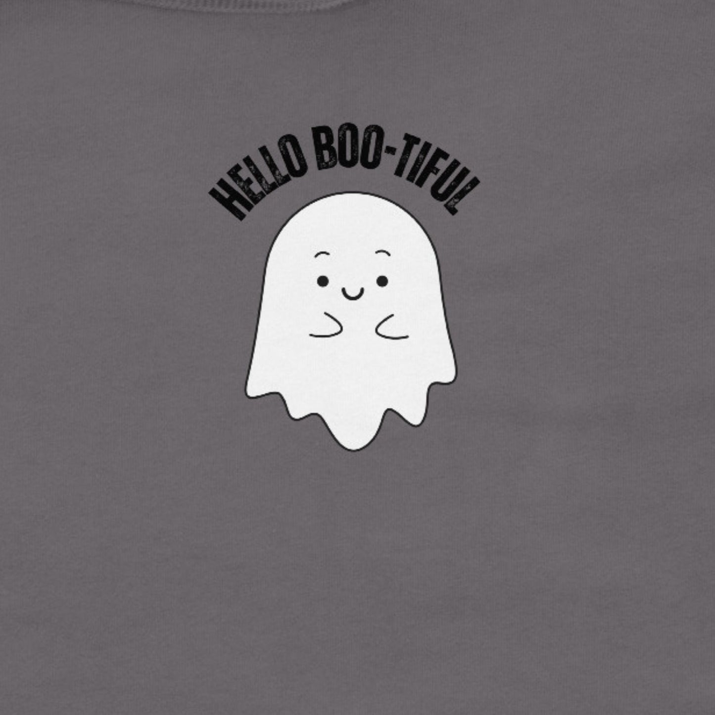 Gray t-shirt with a white ghost graphic and 'HELLO BOO-TIFUL' text on a gray background