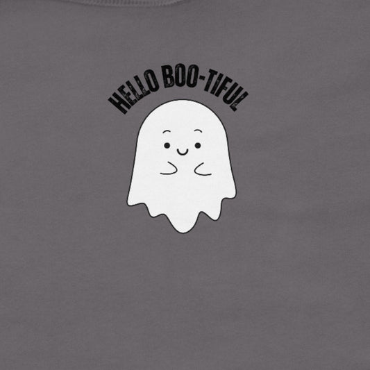 Gray t-shirt with a white ghost graphic and 'HELLO BOO-TIFUL' text on a gray background