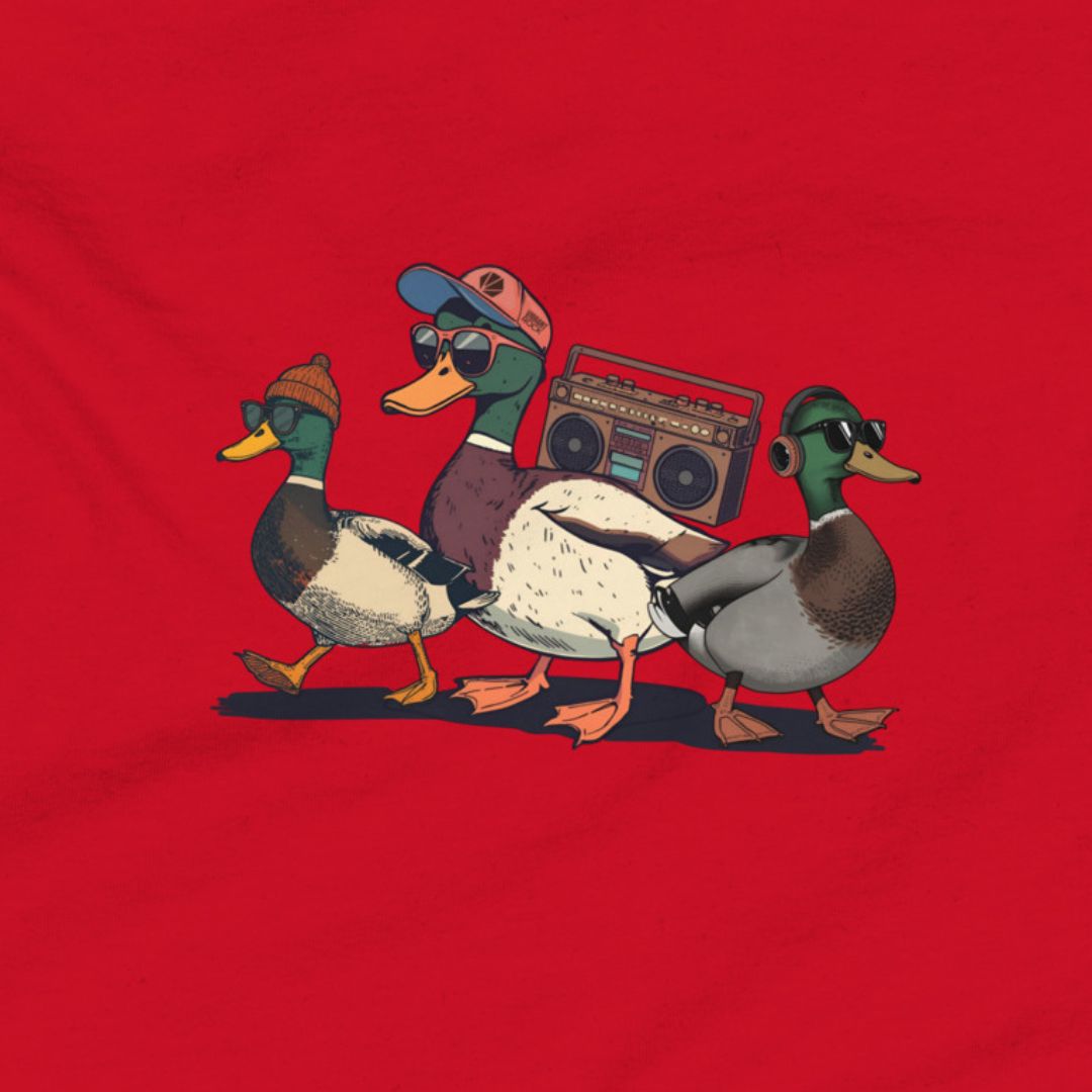 Four ducks with human-like accessories on a red background