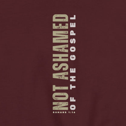 Maroon hoodie with 'Not Ashamed of the Gospel' text in beige