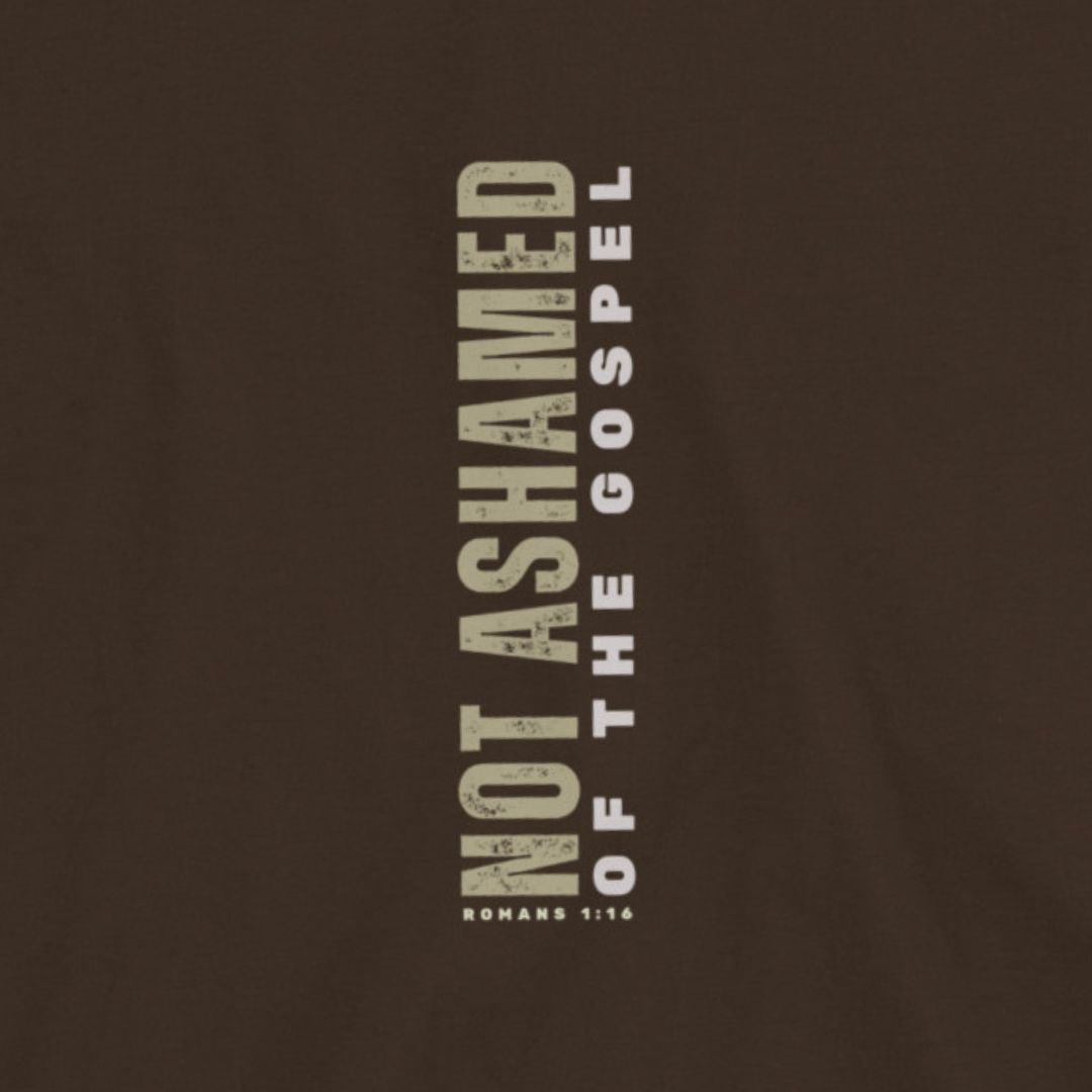 Brown t-shirt with 'Not Ashamed of the Gospel' text on a brown background