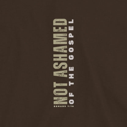 Brown t-shirt with 'Not Ashamed of the Gospel' text on a brown background