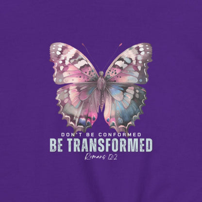 Butterfly design on a purple background with text 'Don't be conformed, be transformed' and Bible verse reference.