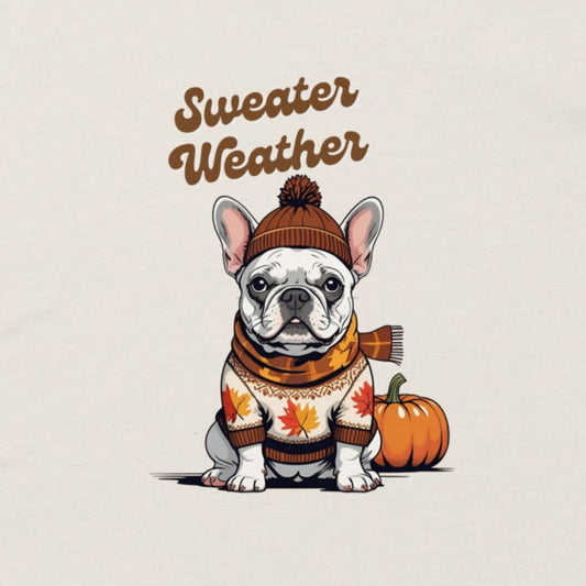 Frenchie wearing a sweater and beanie hat next to a pumpkin. Text says sweater weather.